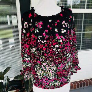 RSVP by Talbots Black Floral Blouse Women's Size M Peasant Top